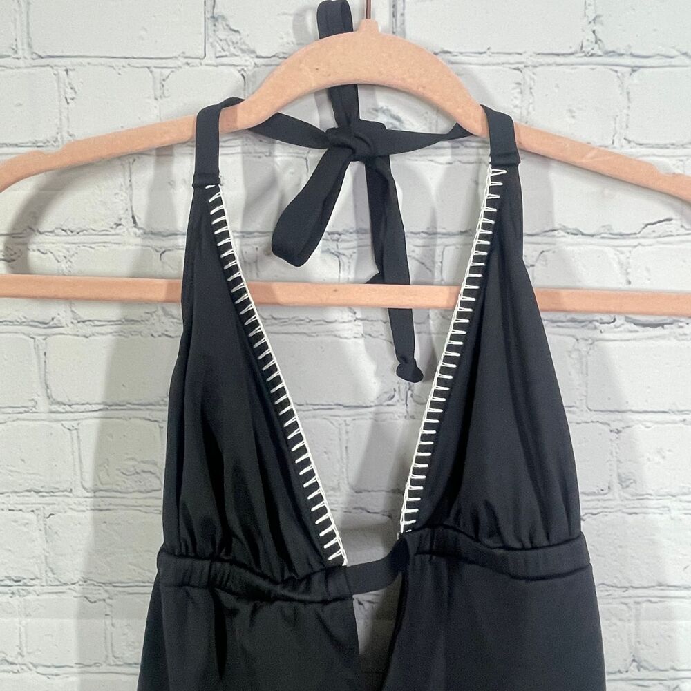 Sunseeker One Piece Swimingsuit Women Black V Neck Halter Embroidered Preppy - Picture 2 of 16